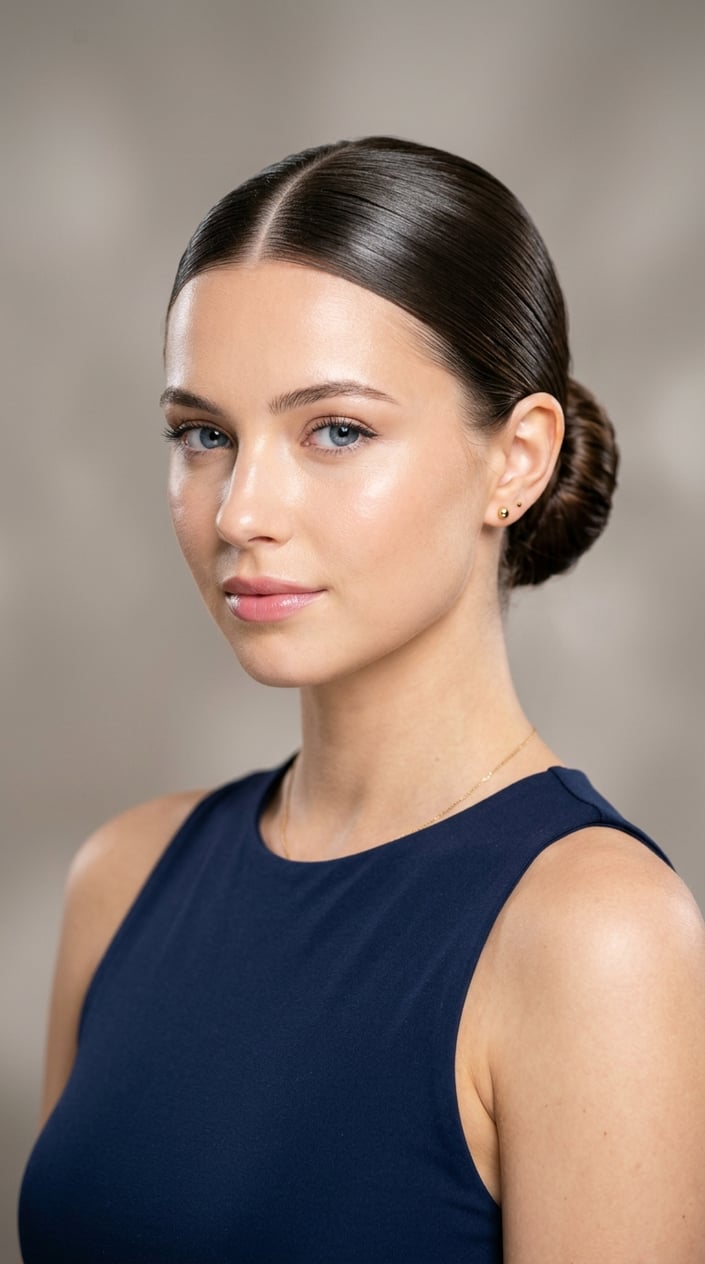 Portrait of a young woman with her hair pulled back into a neat bun and a middle part, looking straight ahead against a plain background.