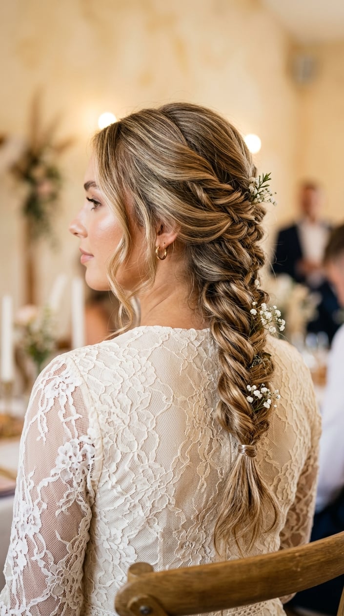 Close-up of a young woman with a fishtail braid hairstyle, showing textured and pulled-apart hair strands.