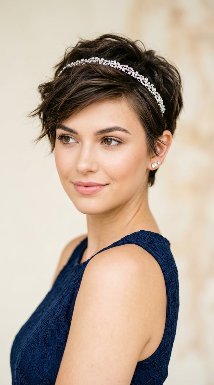 Young woman with short textured hair wearing a rhinestone headband, looking confidently to the side against a neutral background.