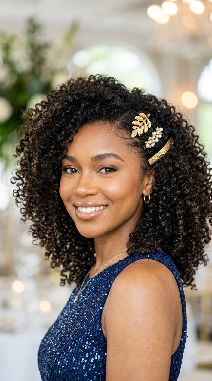 Close-up portrait of a young woman with voluminous curly hair decorated with gold clips, smiling gently against a softly blurred background.