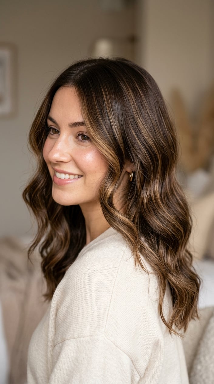 Close-up of a woman with chocolate brown hair and honey blonde highlights, showing soft wavy hair and natural lighting.