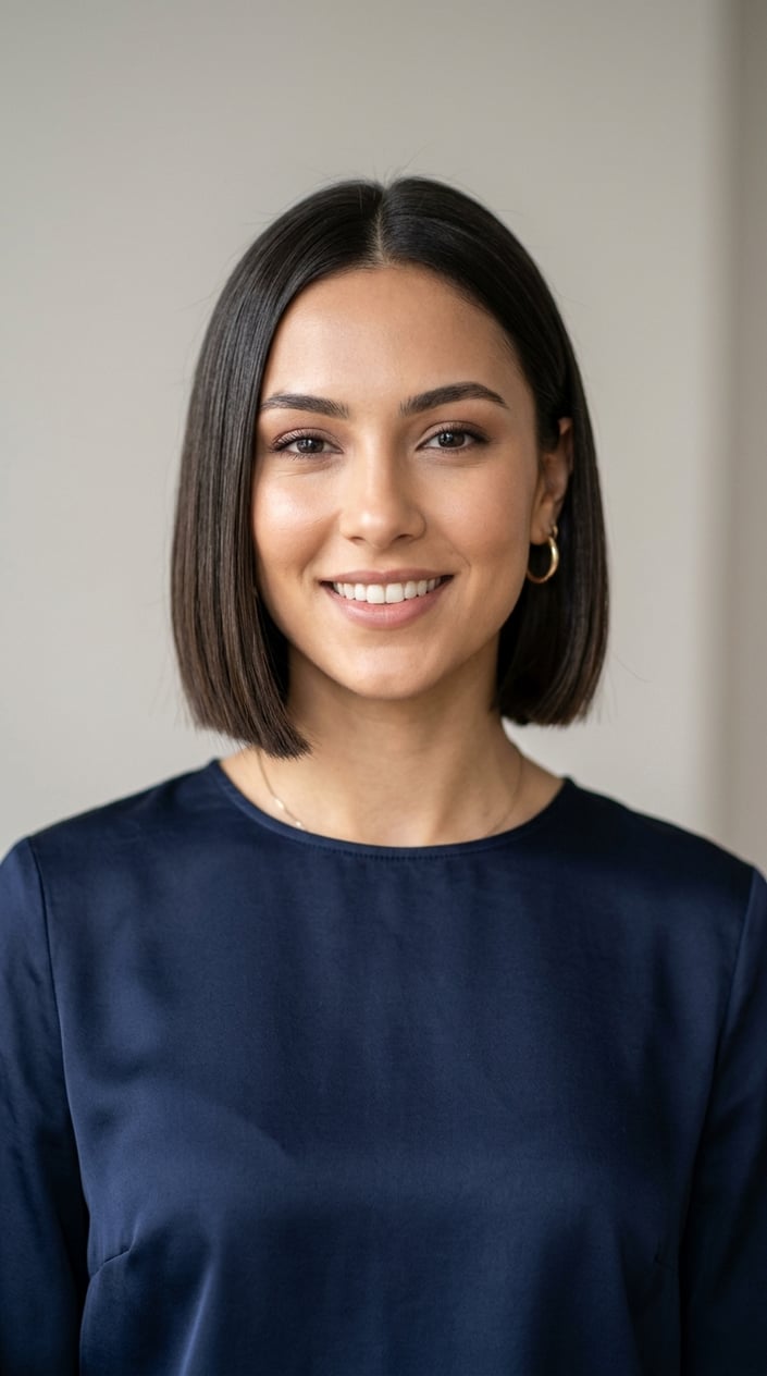 A woman with short straight hair styled in a neat bob, looking confidently at the camera against a plain background.