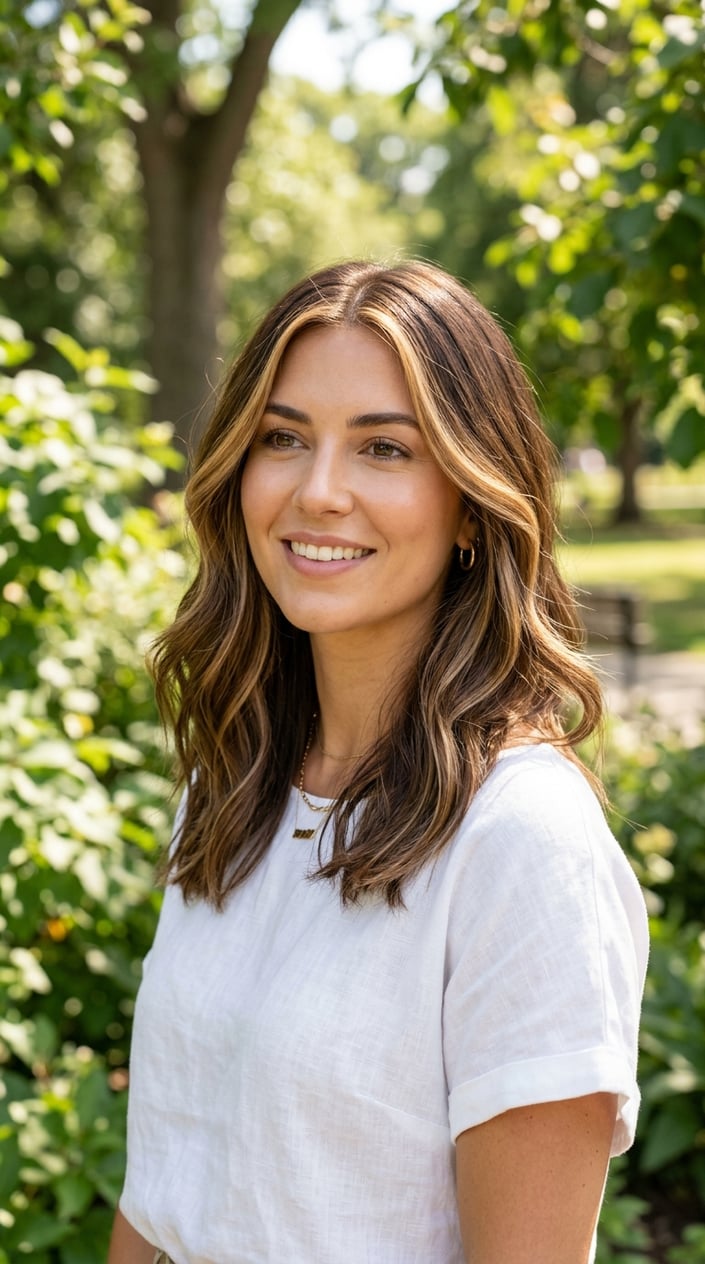 A woman outdoors with medium-length brown hair featuring golden beige highlights framing her face, smiling softly with a blurred natural background.