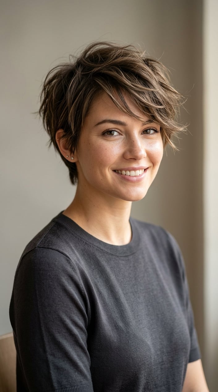 Portrait of a young woman with short layered hair against a neutral background.