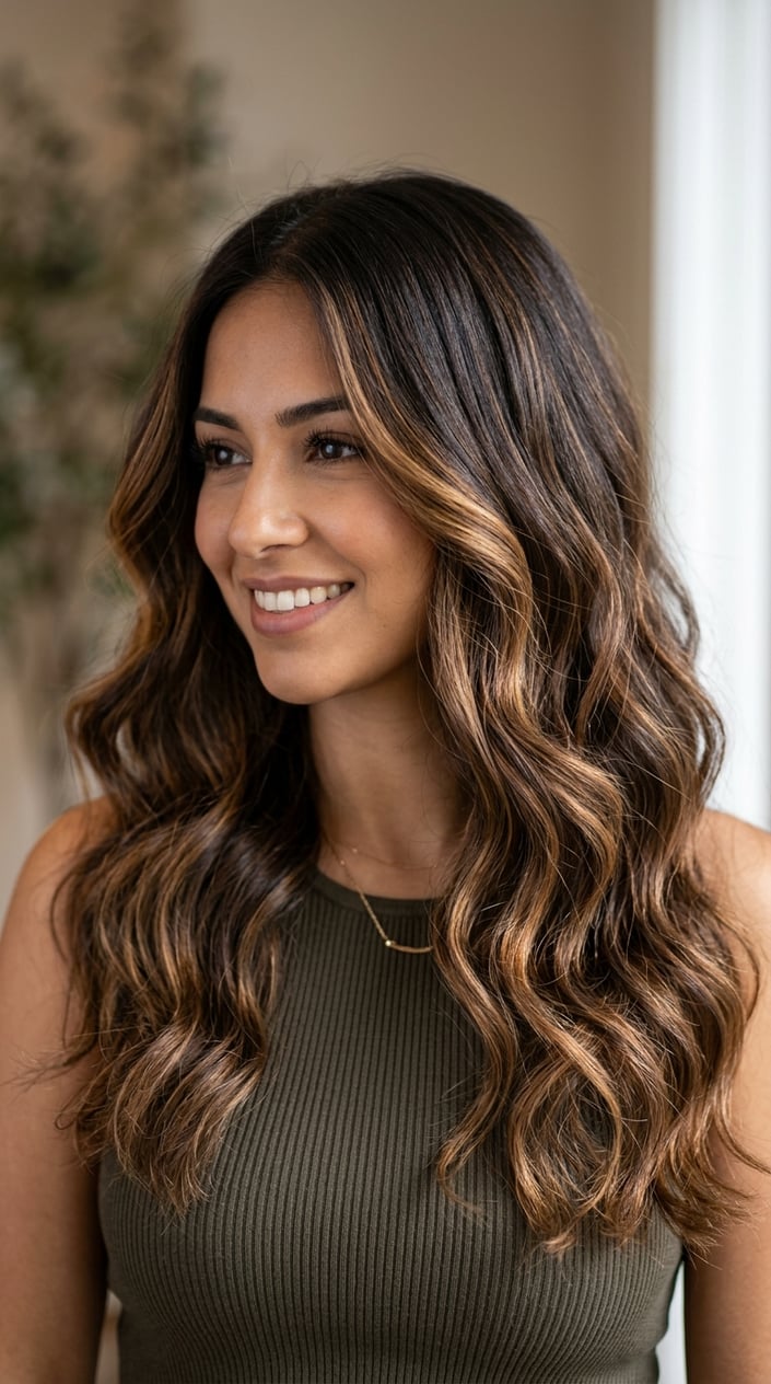 Close-up of a woman with dark brown wavy hair featuring warm toffee balayage highlights.