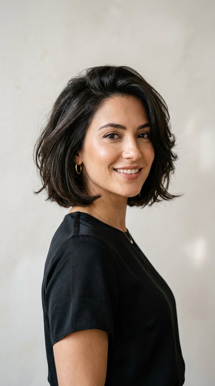A woman with a short bob haircut smiling against a plain background.