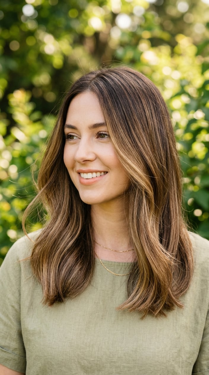 Close-up of a woman with brown hair featuring bronde highlights and a smooth root melt, outdoors in natural light.