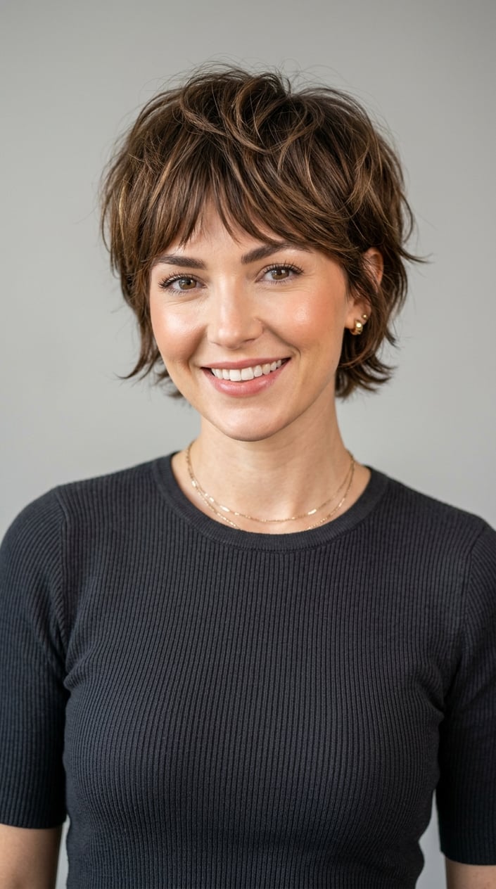 A woman with short layered hair posing in a studio with a neutral background.