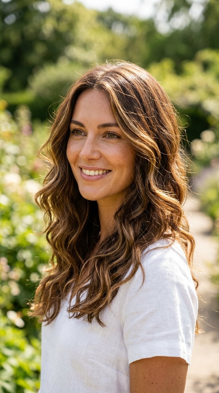 A woman with chestnut brown hair and sun-kissed hazel highlights smiling outdoors with a blurred green background.