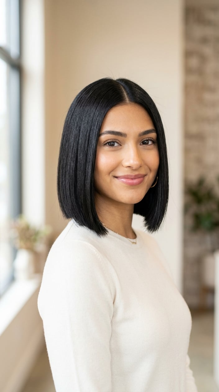 Portrait of a young woman with short hair and a center part, smiling softly against a plain background.