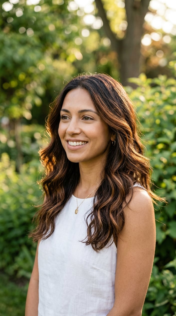 A woman with loose waves of espresso brown hair featuring cinnamon highlights, smiling outdoors with a blurred green background.