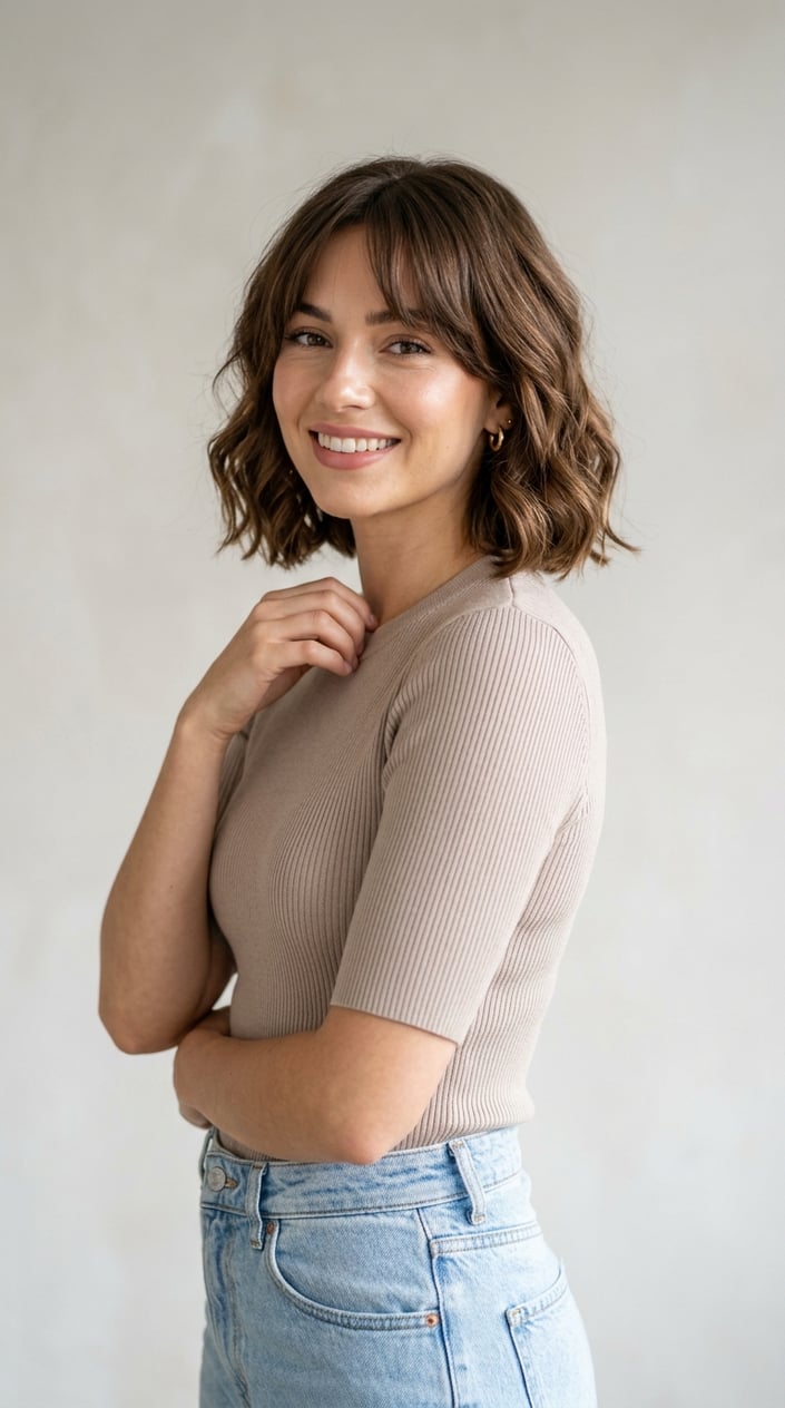 A young woman with a wavy bob haircut and curtain bangs posing against a plain background.