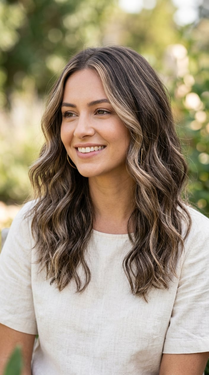 A woman with medium-length wavy hair featuring brown lowlights and beige highlights, smiling against a neutral background.