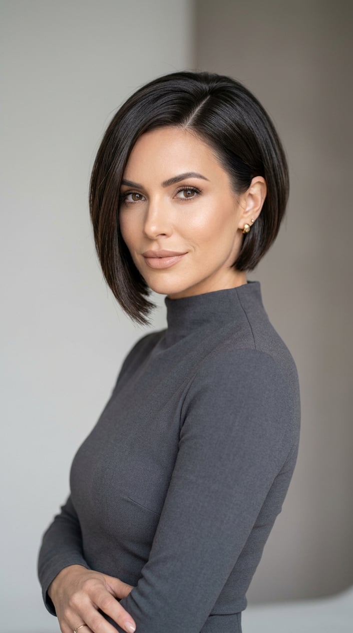 A woman with short hair styled with a deep side part, looking confidently at the camera against a plain background.