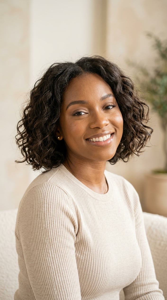 A young woman with short, naturally textured hair is shown from the shoulders up against a plain background.