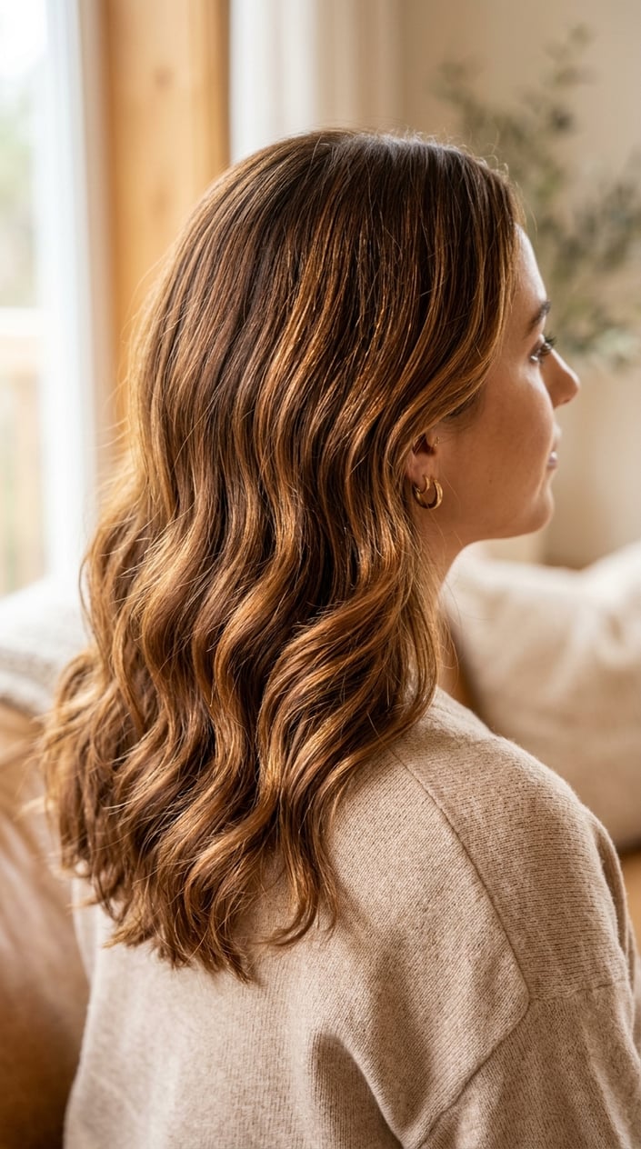 Close-up of a woman with warm brown hair and golden copper highlights styled in soft waves.