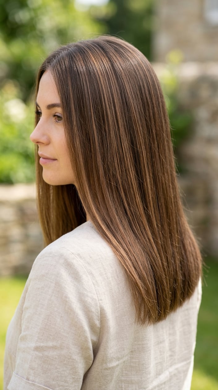 Close-up of a woman with straight brown hair featuring soft mocha highlights against a neutral background.