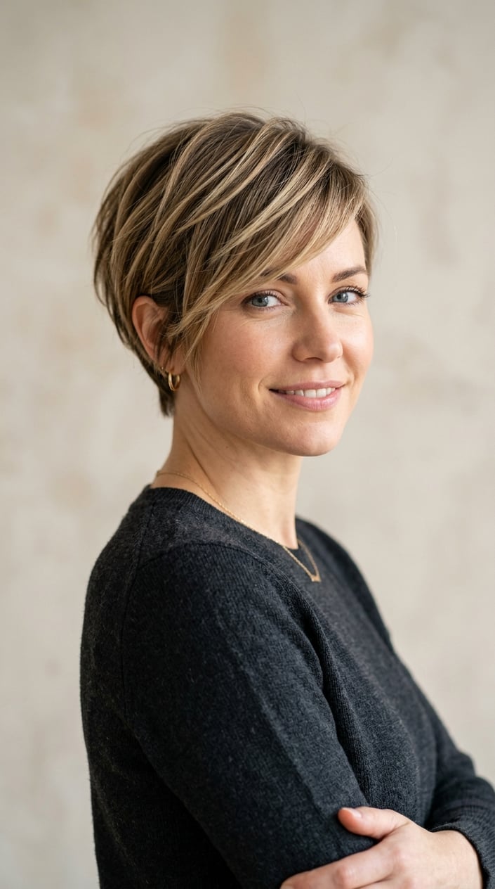 A woman with short layered hair posing against a neutral background, looking confident and smiling softly.