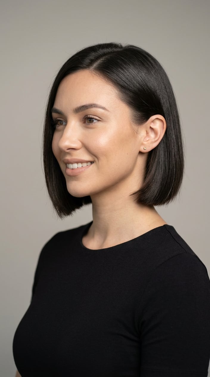 A young woman with short hair tucked behind her ear, smiling slightly against a plain background.