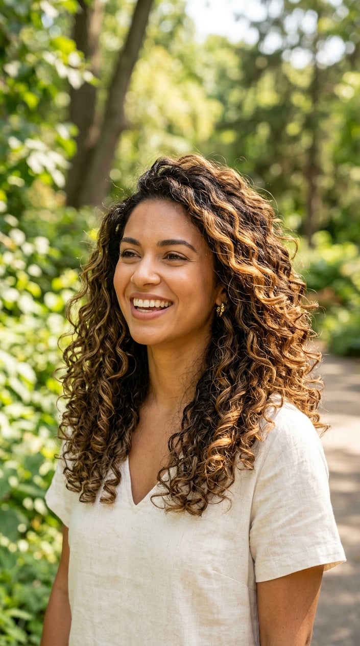A woman with curly brown hair and butterscotch highlights smiling outdoors on a sunny day.