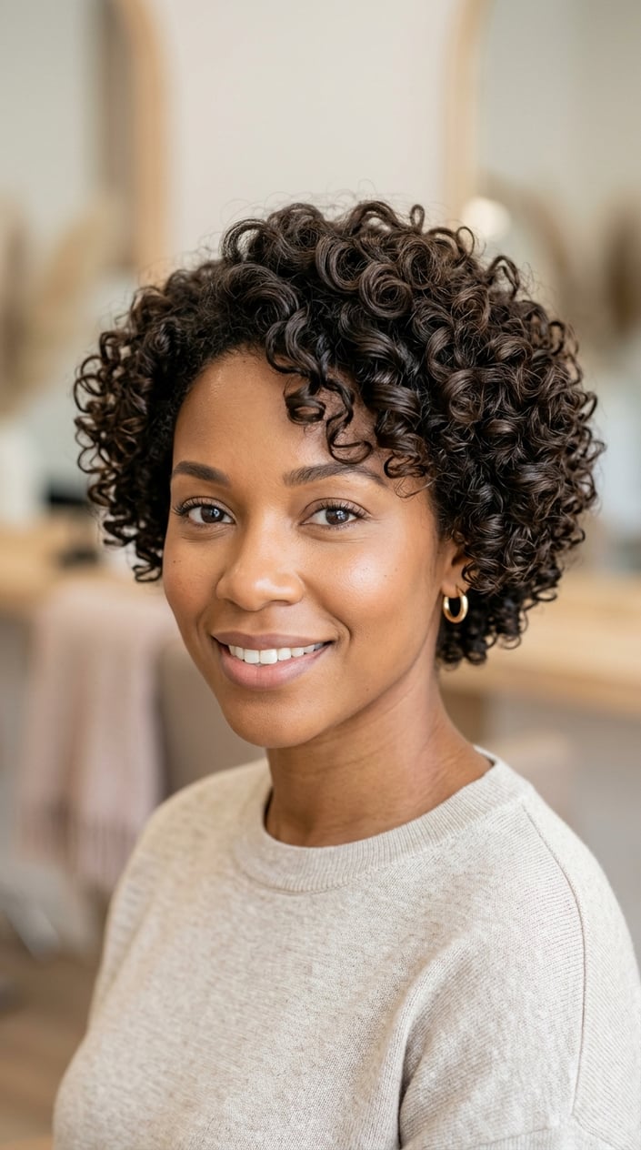 Close-up portrait of a person with short curly hair and a rounded haircut, looking confidently at the camera against a blurred neutral background.