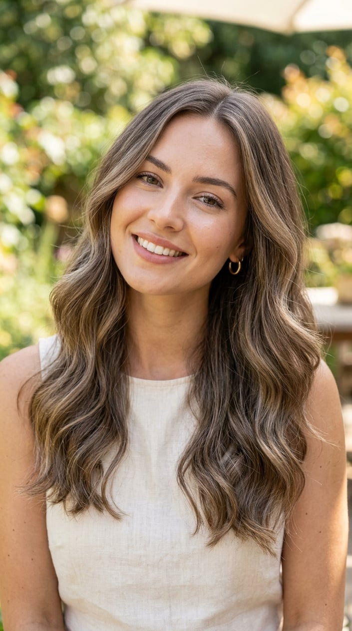 Close-up of a woman with ash brown hair and sandy beige highlights smiling softly against a blurred background.