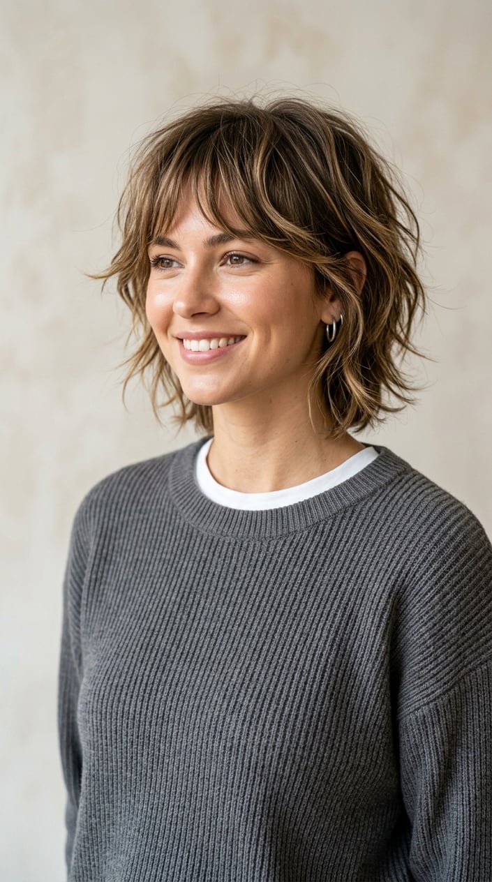 A young woman with short layered hair and bangs posing against a plain background.