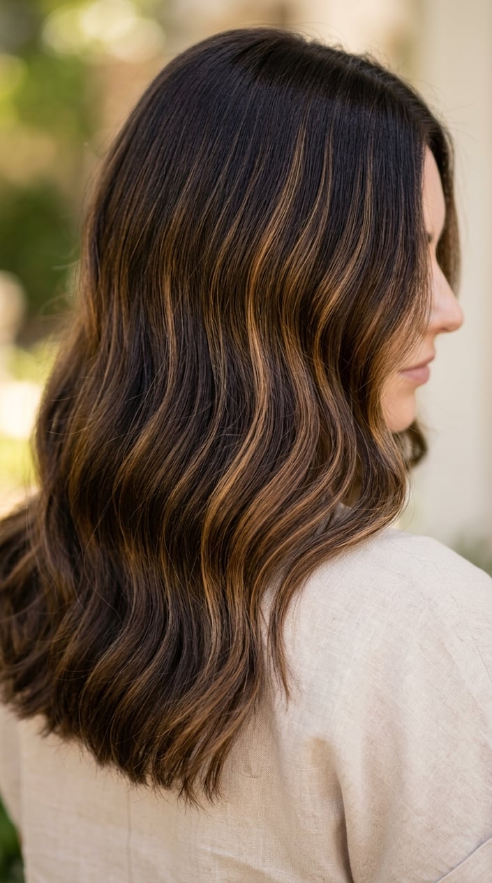 Close-up of deep brunette hair with warm maple syrup highlights.