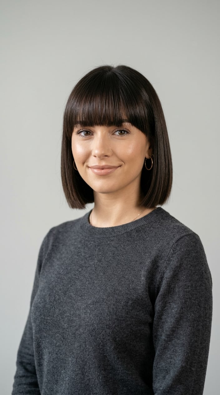 Portrait of a young woman with short hair and bangs against a plain background.