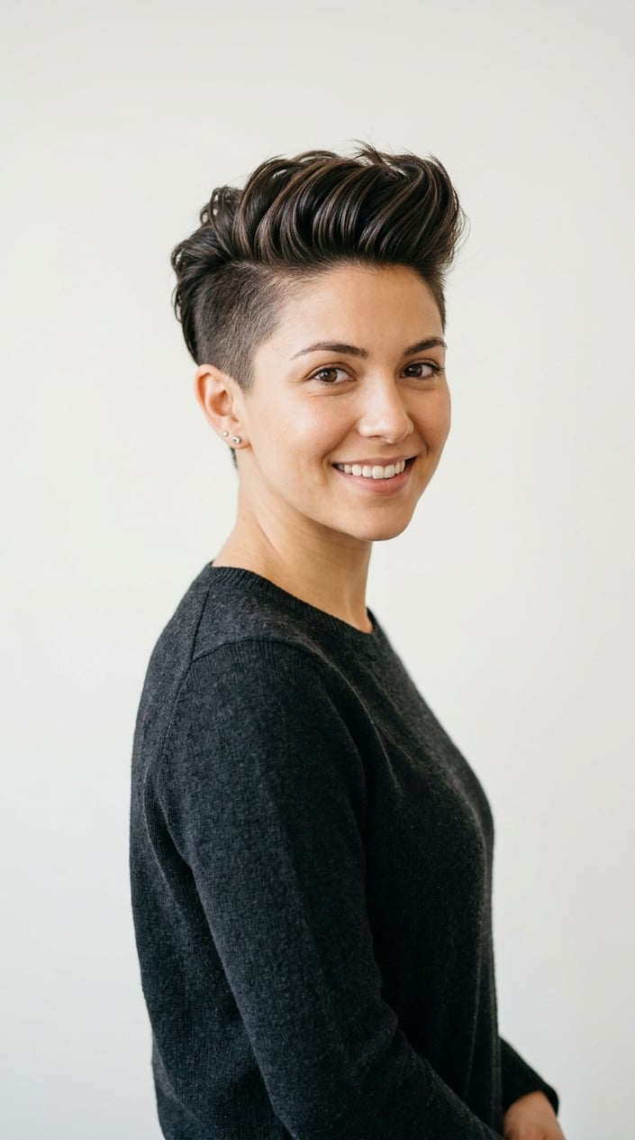 Portrait of a young woman with a short hairstyle, smiling against a plain background.
