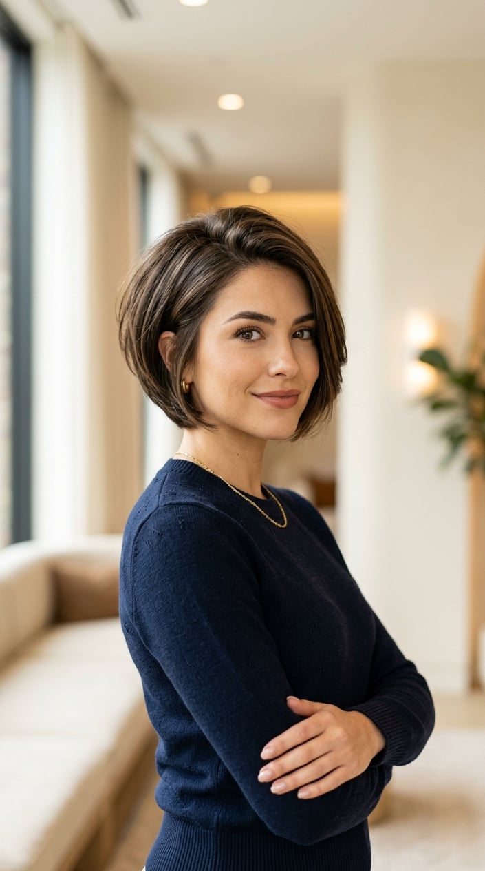 A young woman with short hair standing against a neutral background, looking confident and smiling slightly.