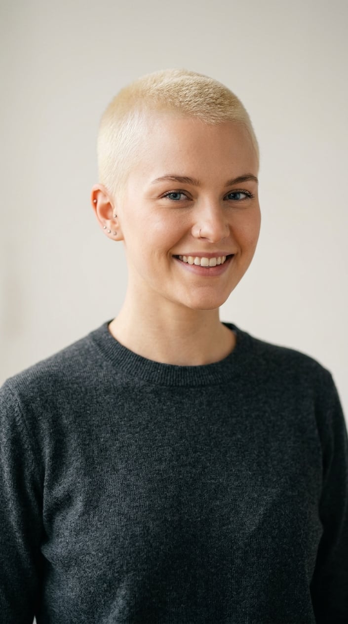 Portrait of a young adult with very short blonde hair against a plain background.