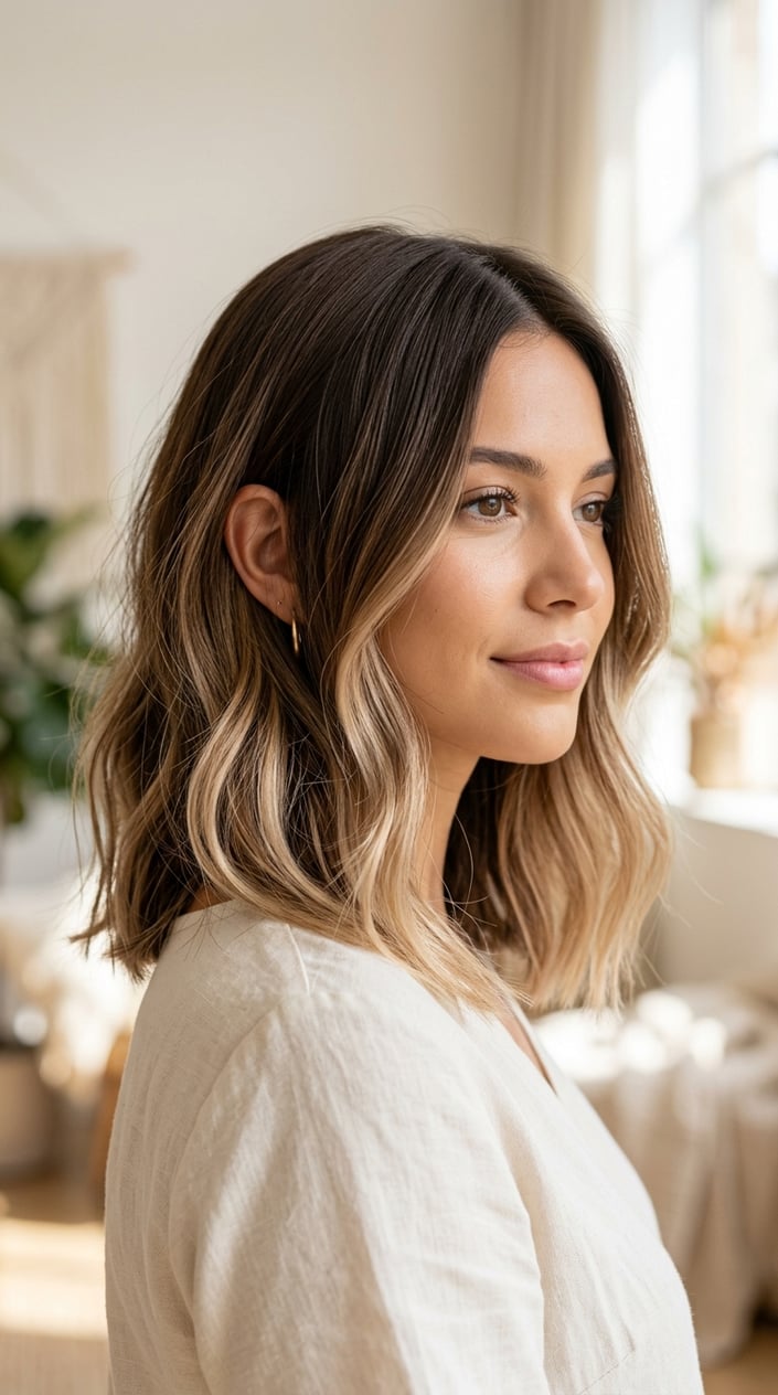 Close-up of a woman with brown shoulder-length hair featuring champagne beige highlights at the ends, against a neutral background.