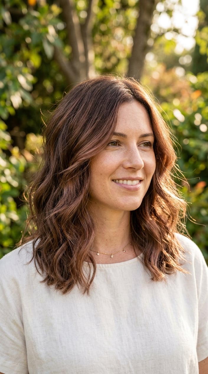 Close-up of a woman outdoors with medium-length brown hair featuring subtle rose brown highlights in natural sunlight.