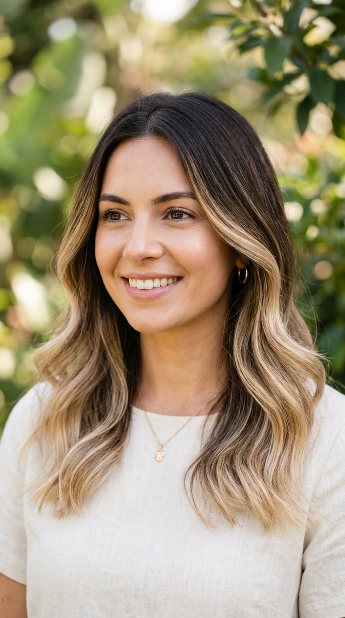 Close-up of a woman with dark brown hair featuring light blonde balayage highlights, smiling outdoors with a green leafy background.