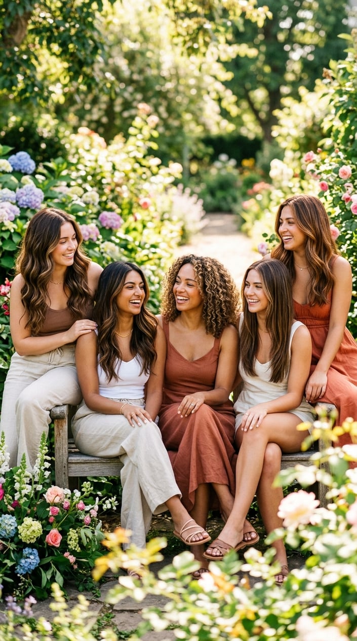 A group of women with brown hair and summer highlights smiling outdoors in natural sunlight.