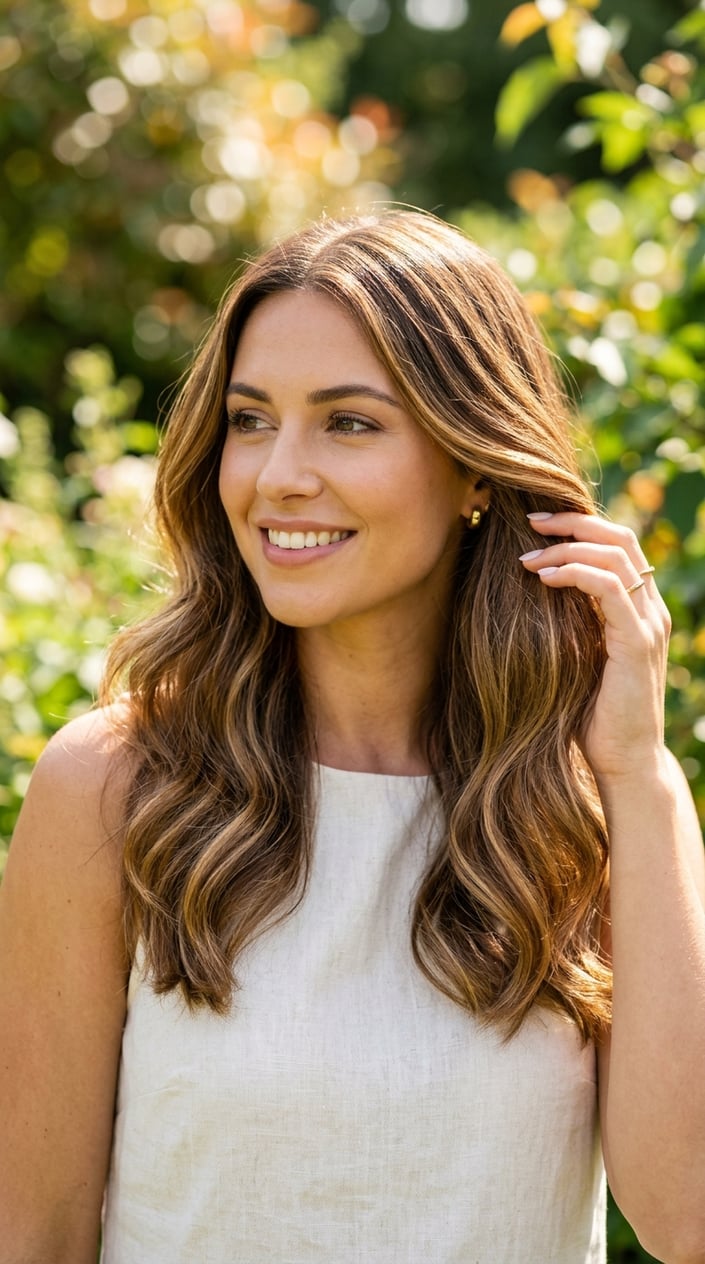 Close-up of a woman outdoors with glossy brown hair featuring summer highlights, gently touching her hair in natural sunlight.
