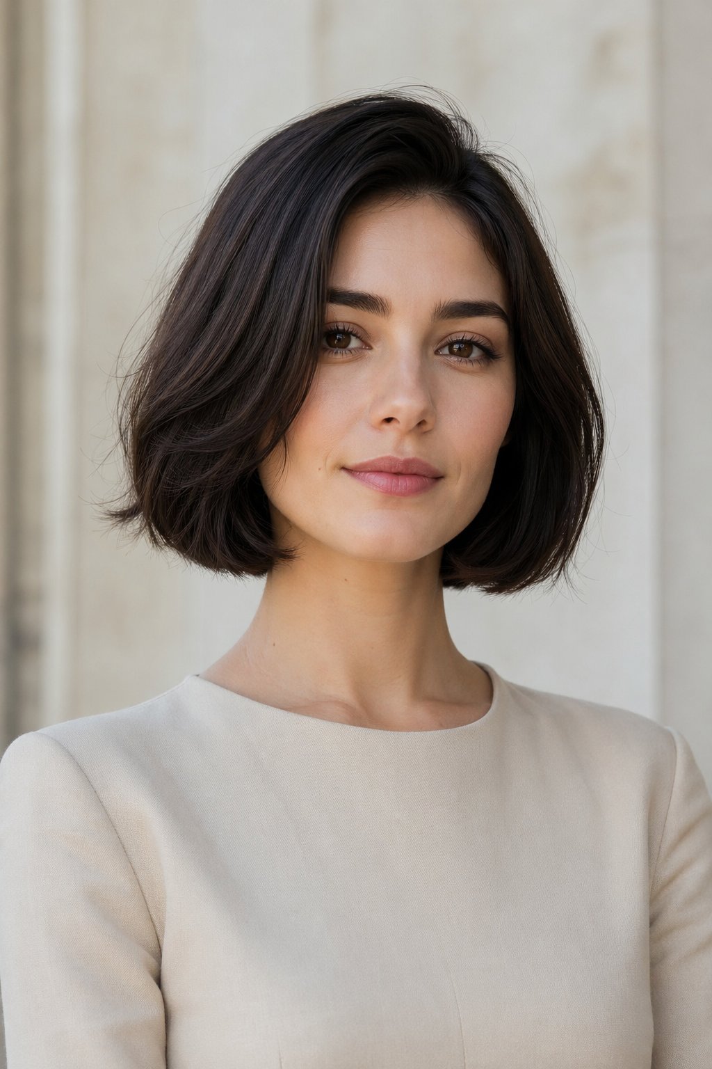 Portrait of a woman with short dark hair, looking confidently at the camera against a blurred background.