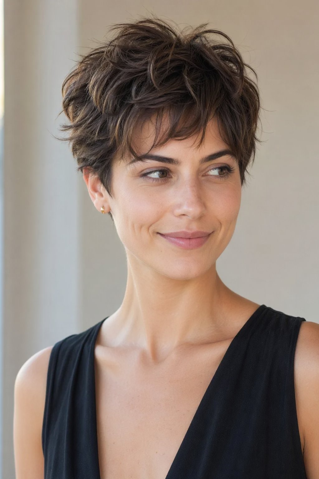 A woman with a short textured pixie cut smiling softly against a neutral blurred background.