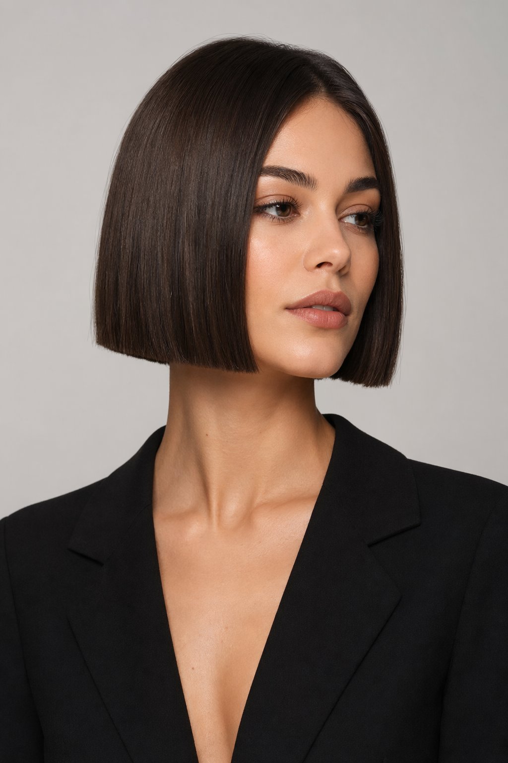 A woman with a jaw-length blunt bob haircut posing confidently against a plain background.