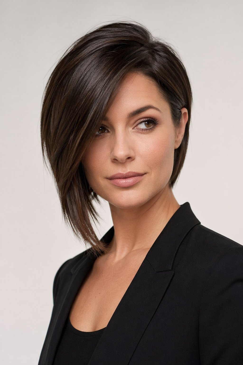 A woman with an asymmetrical bob haircut posing in a studio with a neutral background.