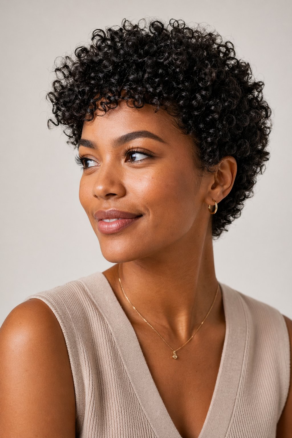 A woman with short curly hair smiling softly against a plain background.