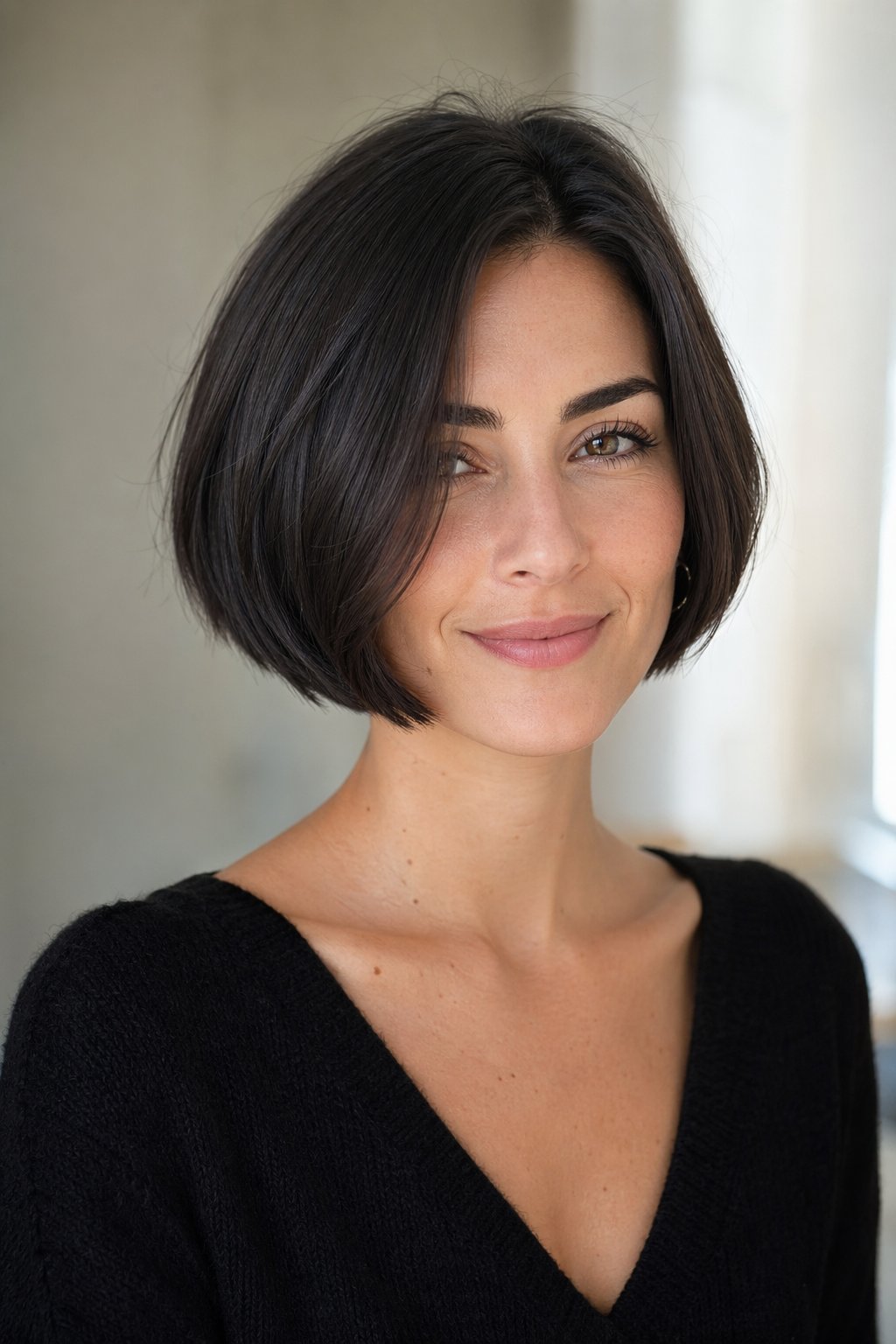 A woman with short sleek hair smiling softly against a neutral blurred background.