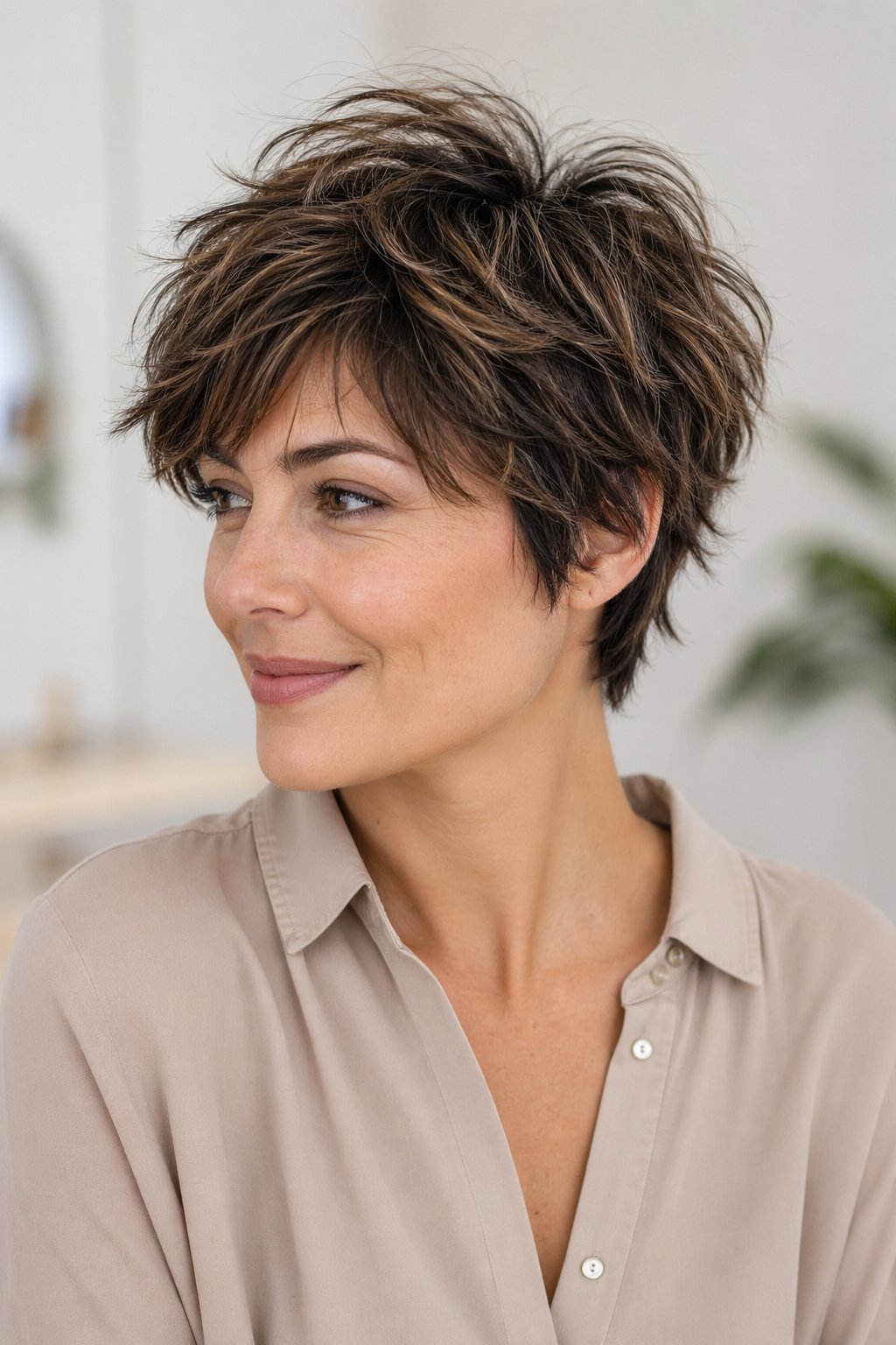 A woman with a short shaggy pixie haircut smiling in a bright studio setting.