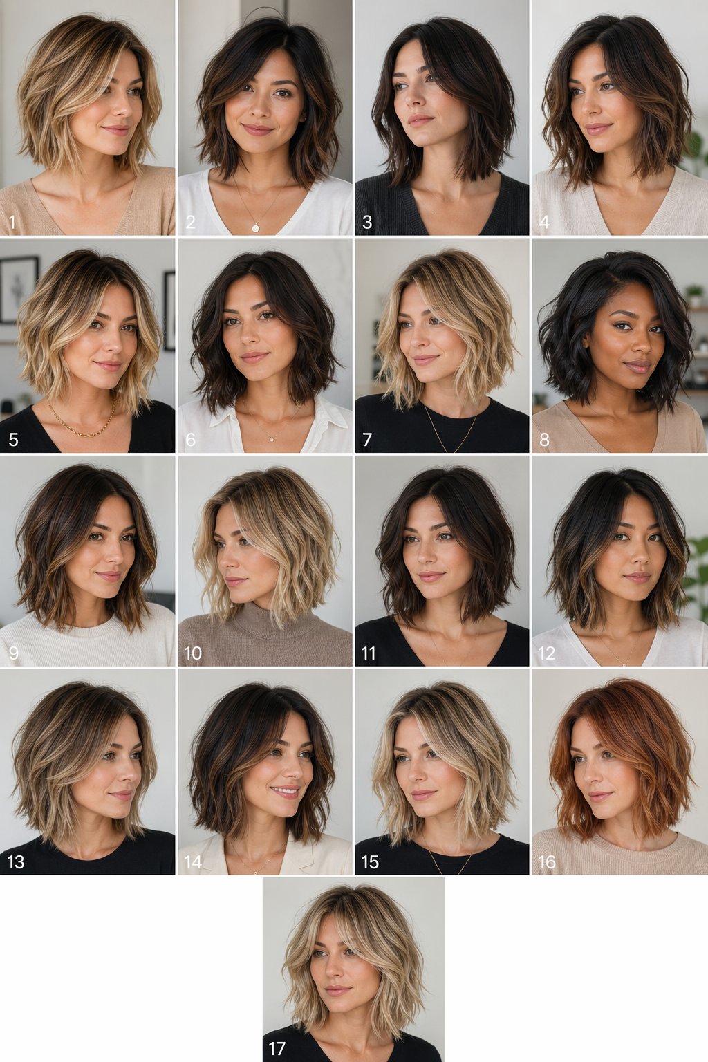 A group of women with various short layered lob haircuts posing together in a bright studio.
