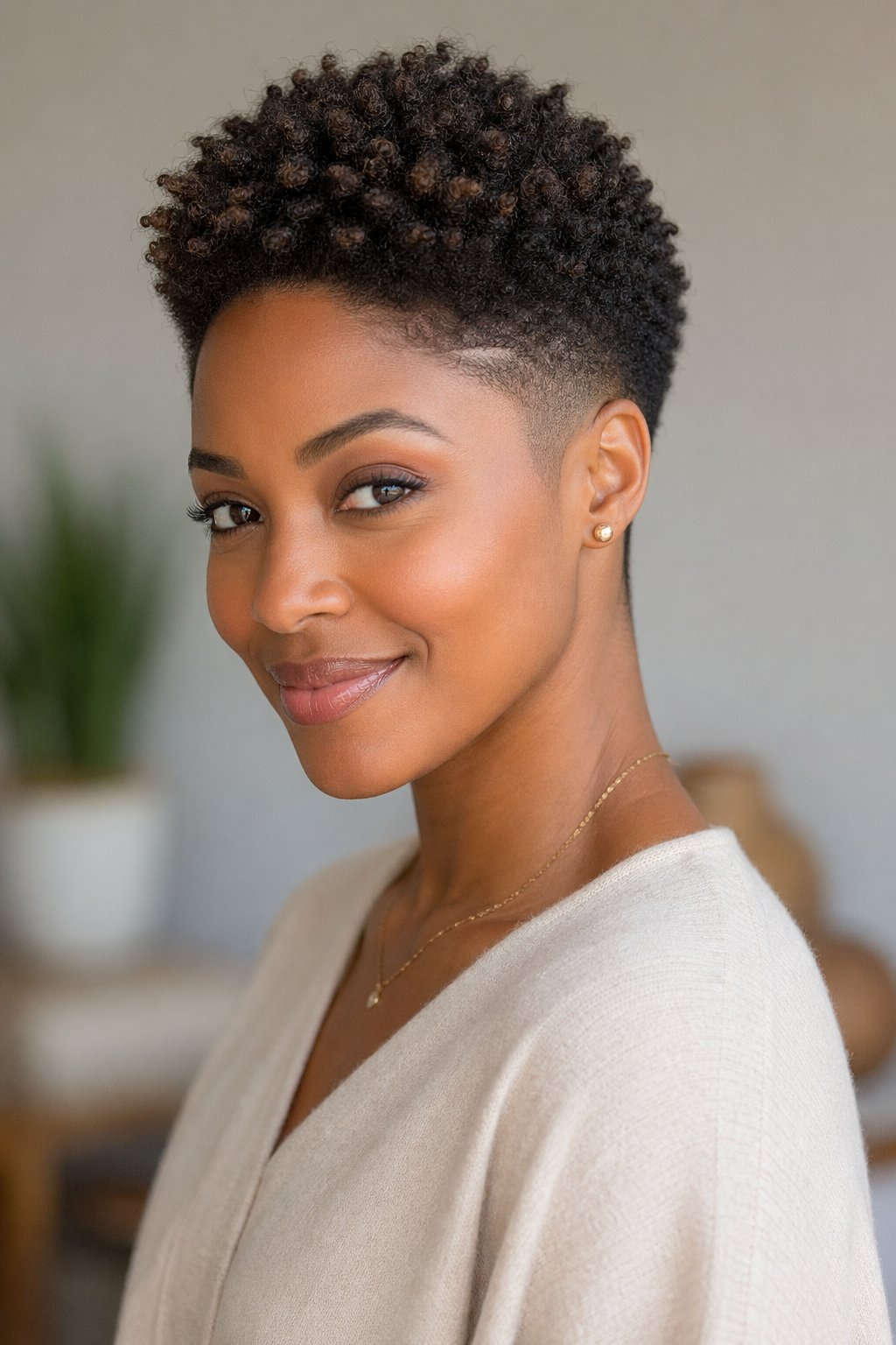 A woman with short tapered natural hair smiling against a softly blurred background.