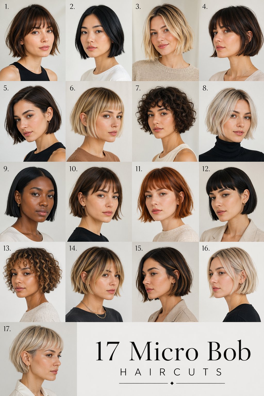 A group of women with different short micro bob haircuts posing together in a bright studio.