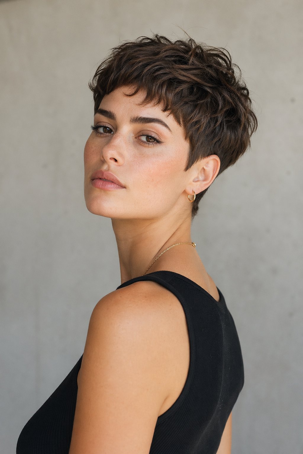A young woman with a short boyish crop haircut posing in a studio with a neutral background.