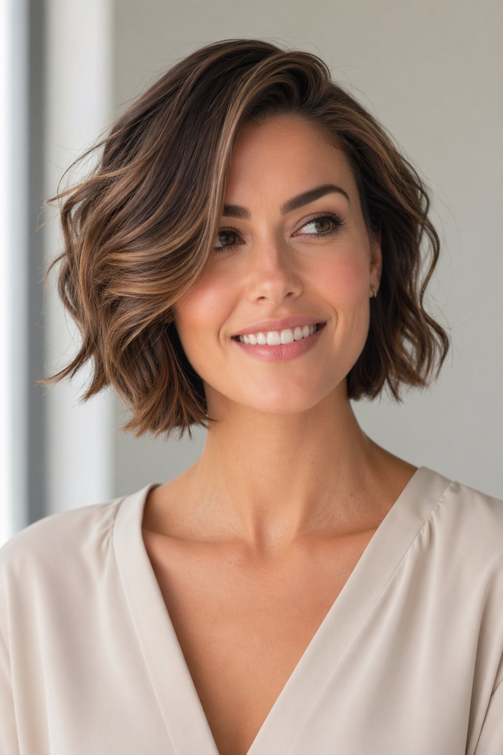 A woman with a wavy bob haircut and side part smiling against a blurred background.