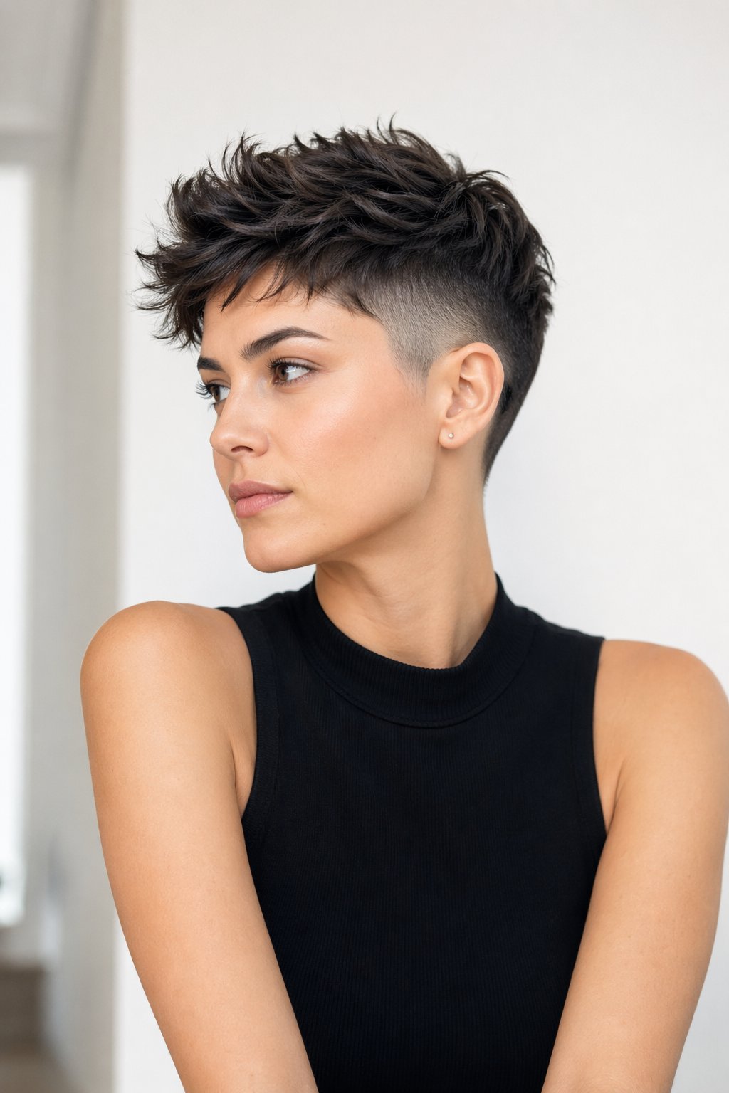 A woman with a short undercut pixie haircut posing confidently in a bright studio.